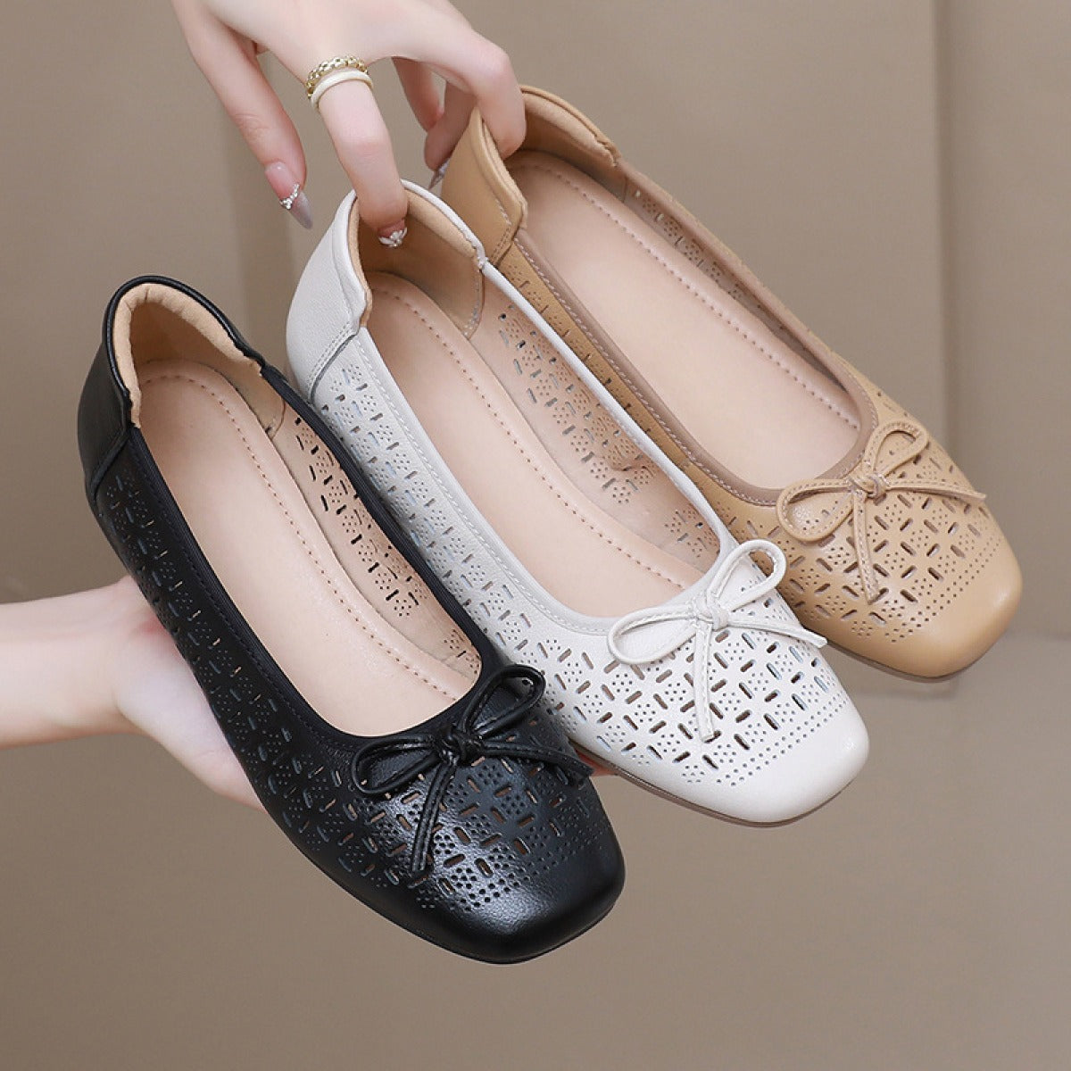 Women's orthopedic breathable laser-cut bow slippers - Ninel
