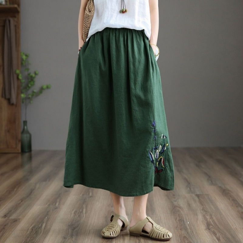 Women's midi skirt with elastic waist and handmade floral embroidery - Amandine