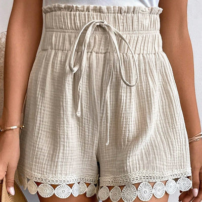 Women's high rise cotton shorts with decorative lace - Arlette