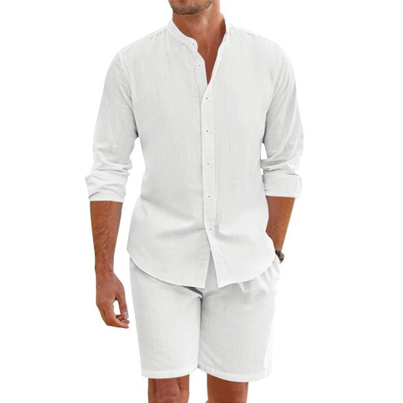 Men's linen set, long sleeve casual mao collar - Terry