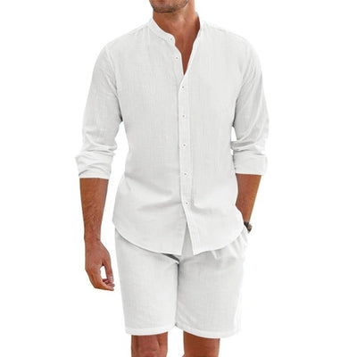 Men's linen set, long sleeve casual mao collar - Terry