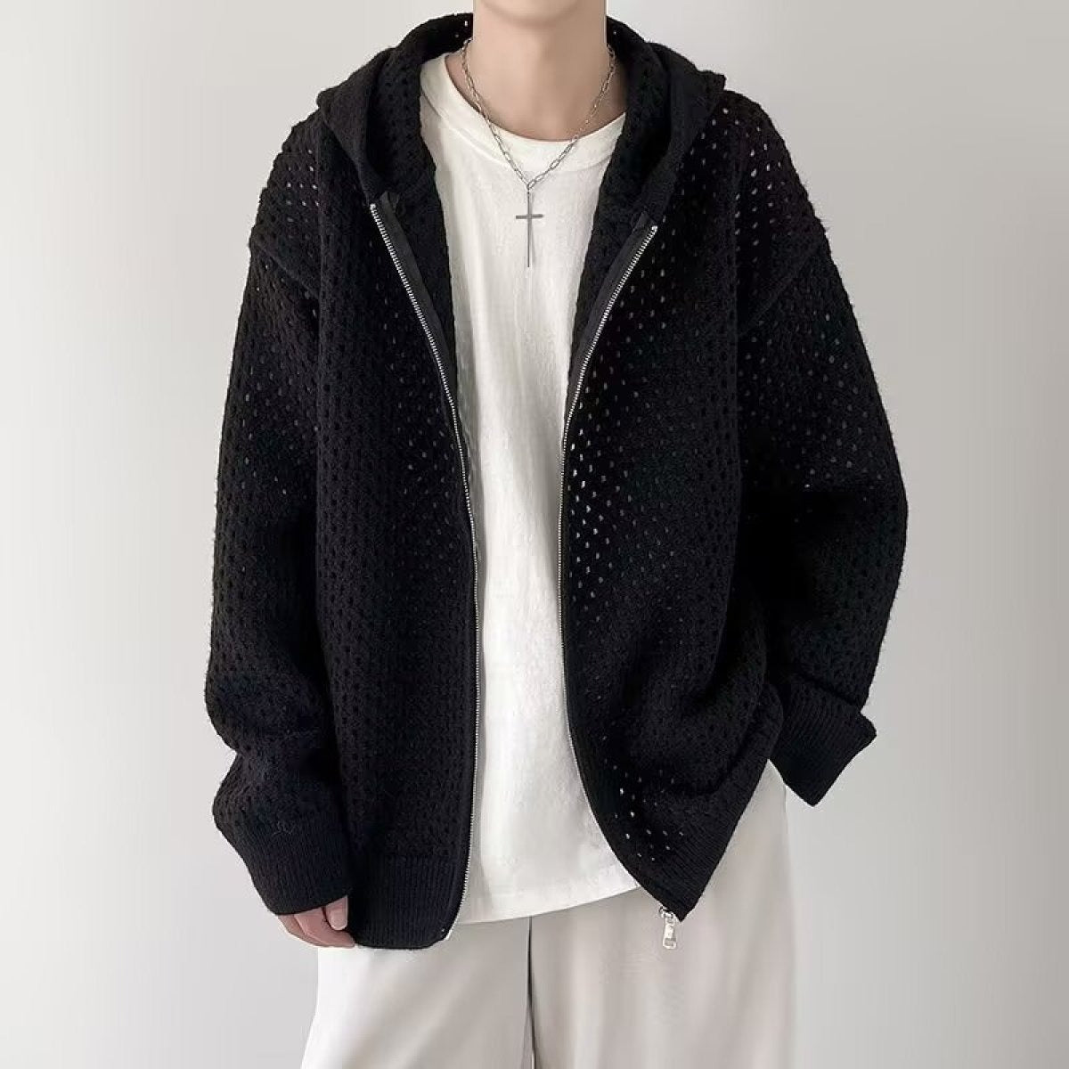 Men's openwork knitted cardigan with hood and zipper - Niro