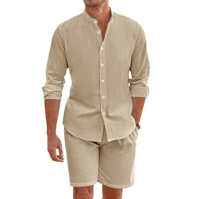 Men's linen set, long sleeve casual mao collar - Terry