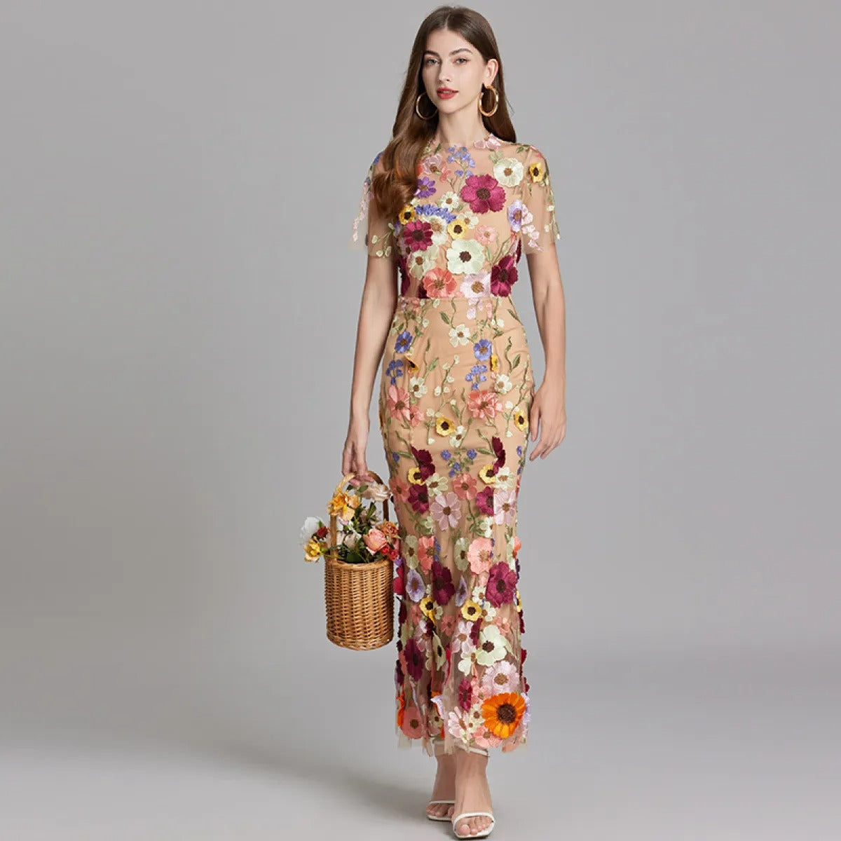 Embroidered floral long dress woman - Fiorella