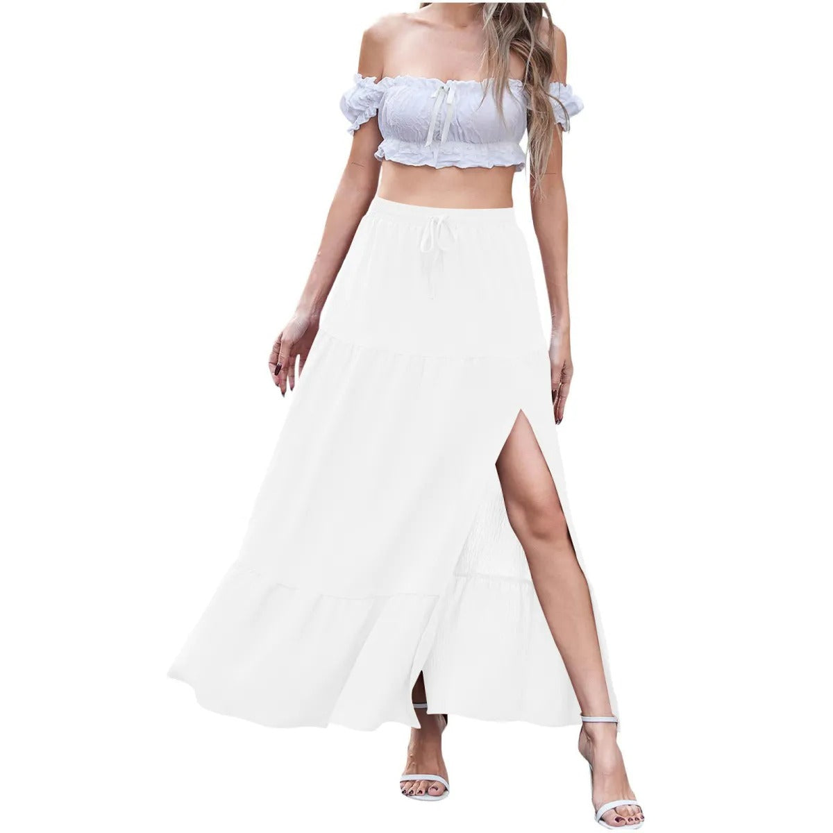 Women's long flowing chiffon skirt with side slit and elastic waist - Paris