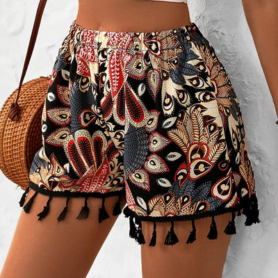 Women's high waisted shorts with tassel bohemian print - Naïra