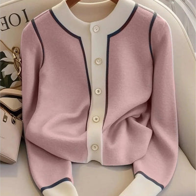 Women's cardigan elegant round neck fine knitted cardigan with contrast - Elina