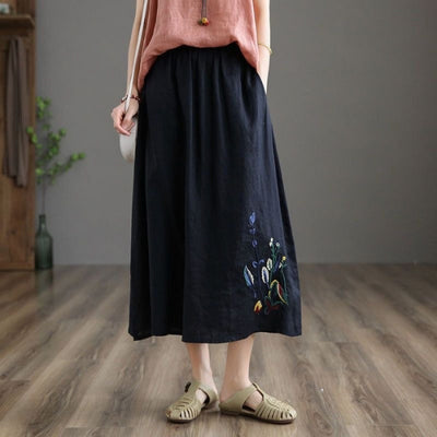 Women's midi skirt with elastic waist and handmade floral embroidery - Amandine