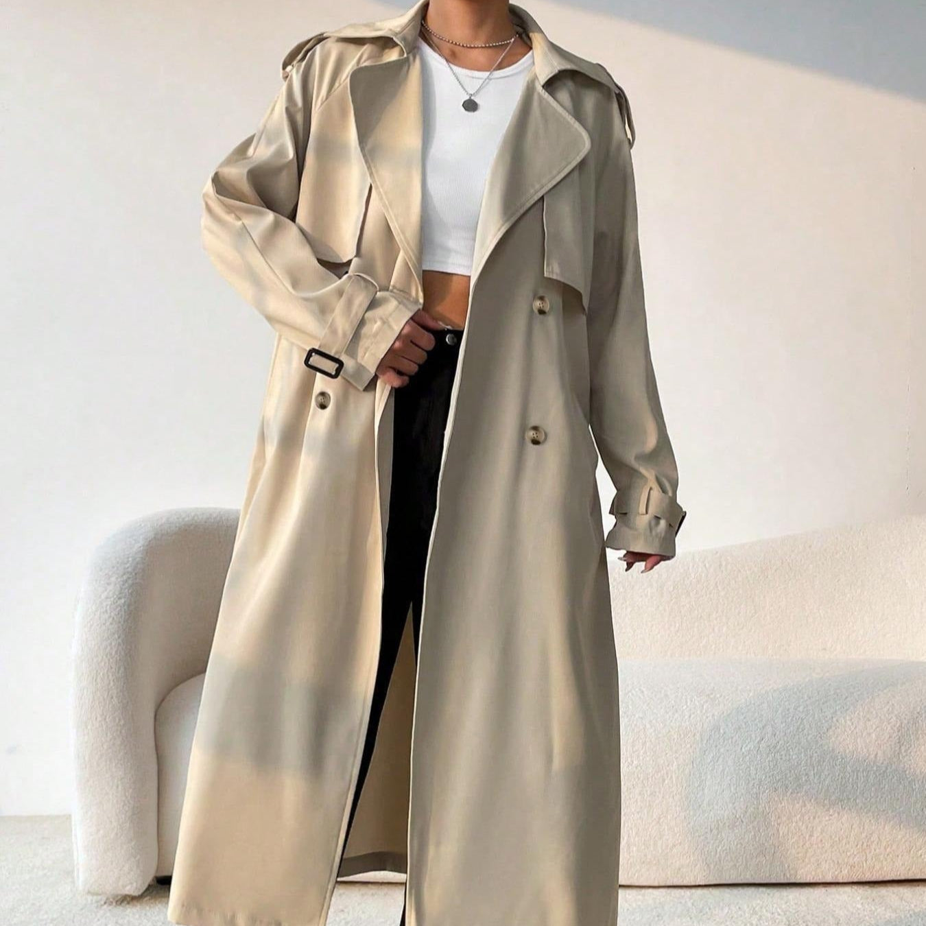 Women's long trench coat with double breasted lapels and adjustable belt - Maelis