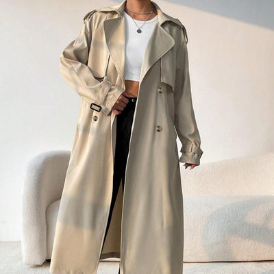 Women's long trench coat with double breasted lapels and adjustable belt - Maelis