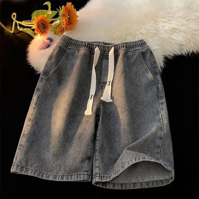 Denim shorts with elastic waistband and adjustable drawstring - Silas