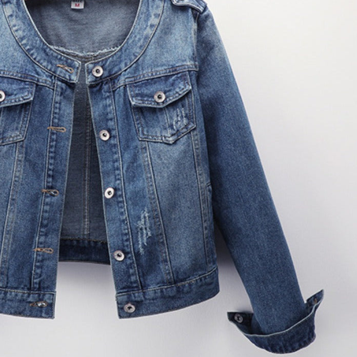 Women's denim jacket round neck front pockets - Hila