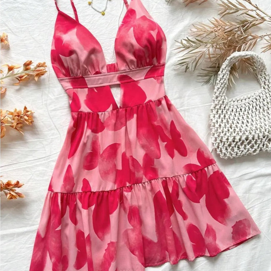 Women's short dress with pleated animal print straps - Enara