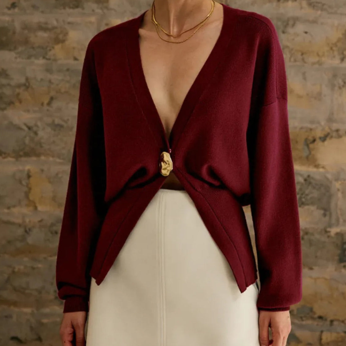 Women's chunky knit cardigan with decorative button - Romane