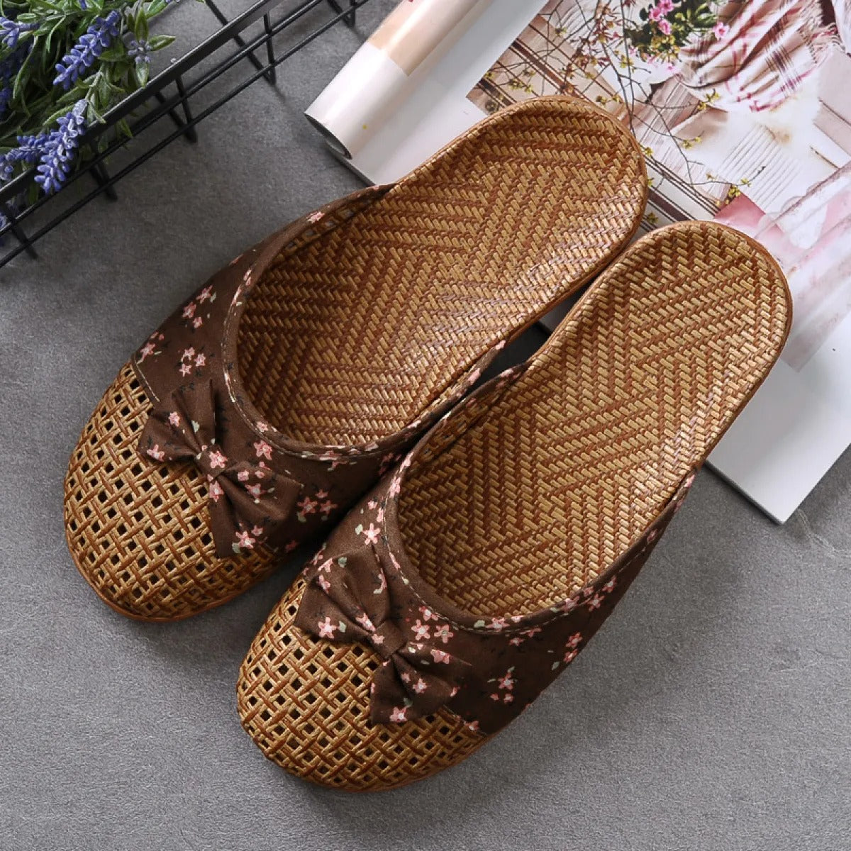 House slippers woman raffia fabric with floral bow - Arumi