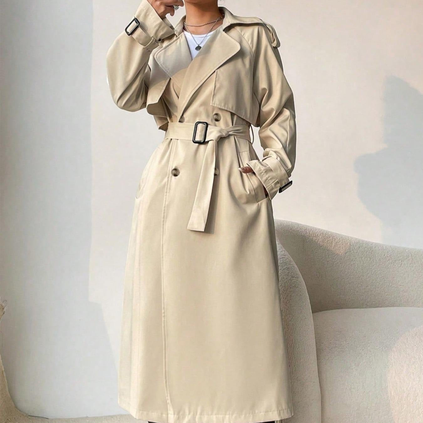Women's long trench coat with double breasted lapels and adjustable belt - Maelis