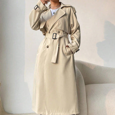 Women's long trench coat with double breasted lapels and adjustable belt - Maelis