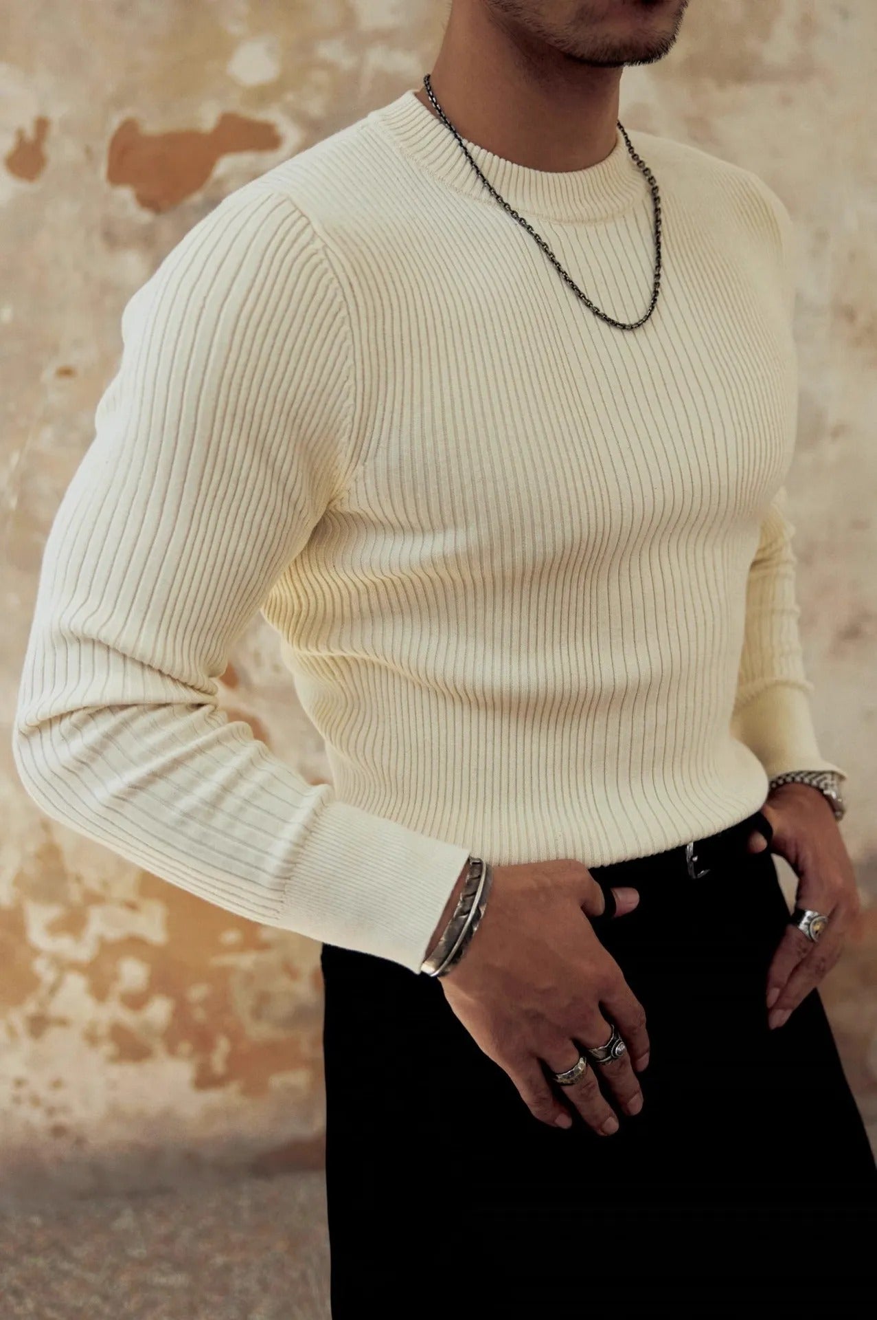 Men's ribbed sweater slim fit round neck - Alvaro