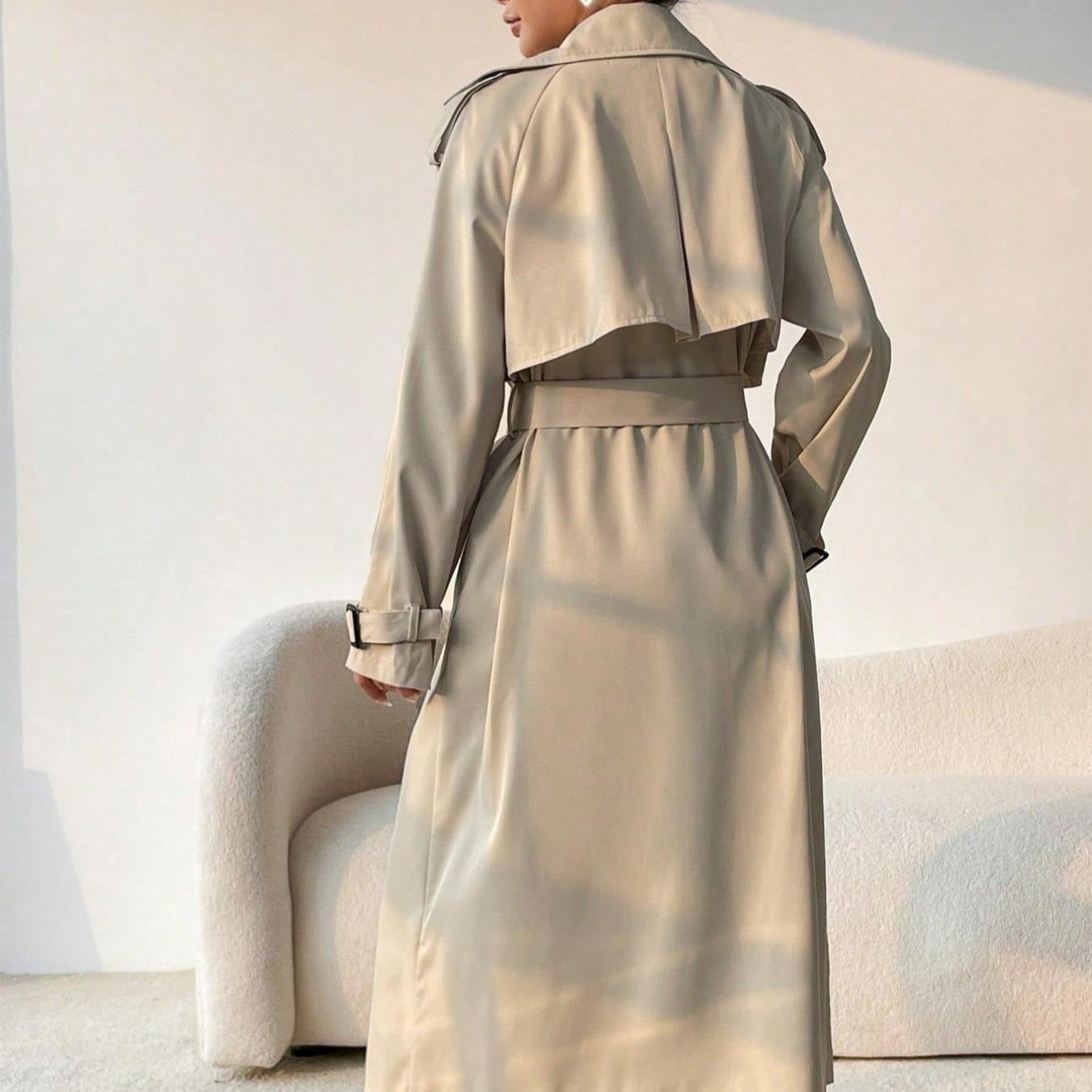 Women's long trench coat with double breasted lapels and adjustable belt - Maelis