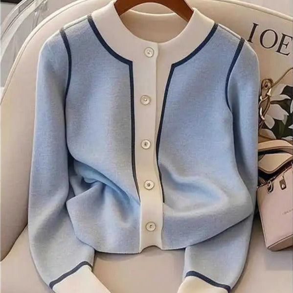 Women's cardigan elegant round neck fine knitted cardigan with contrast - Elina