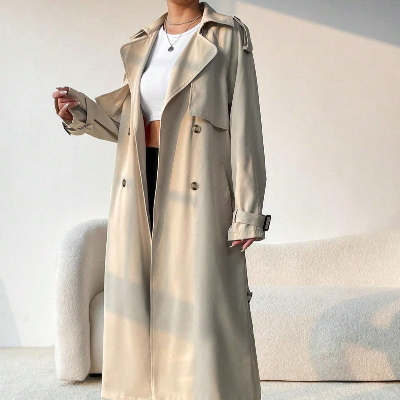 Women's long trench coat with double breasted lapels and adjustable belt - Maelis