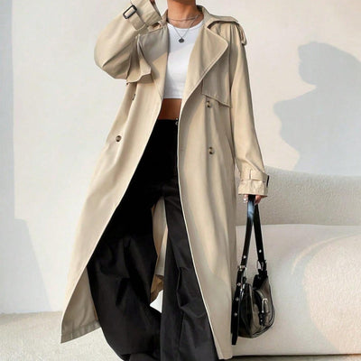 Women's long trench coat with double breasted lapels and adjustable belt - Maelis