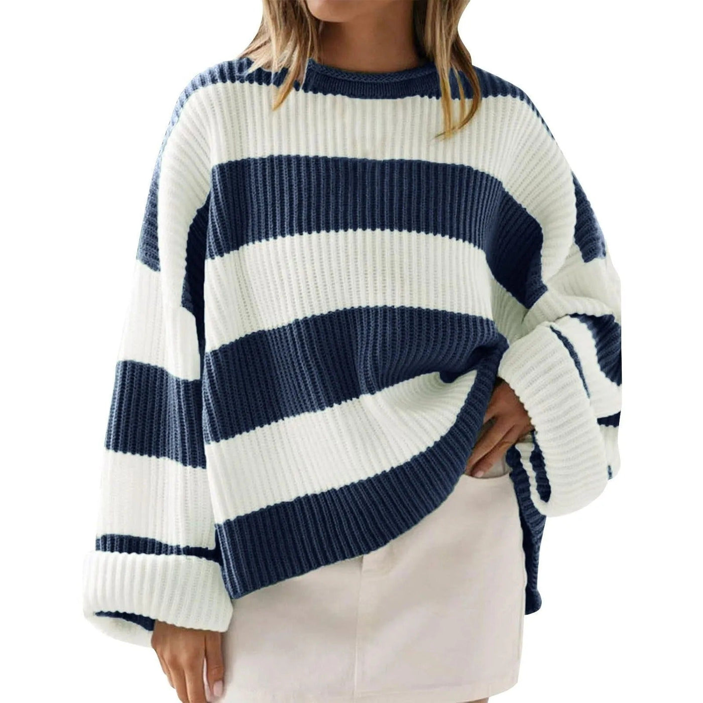 Wide striped ribbed knitted oversize style sweater - Eleanor