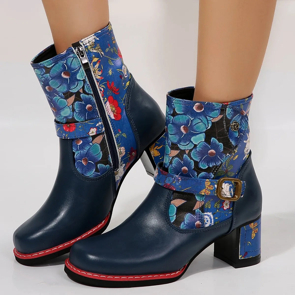 Women's medium heel ankle boots with floral design - Olivia
