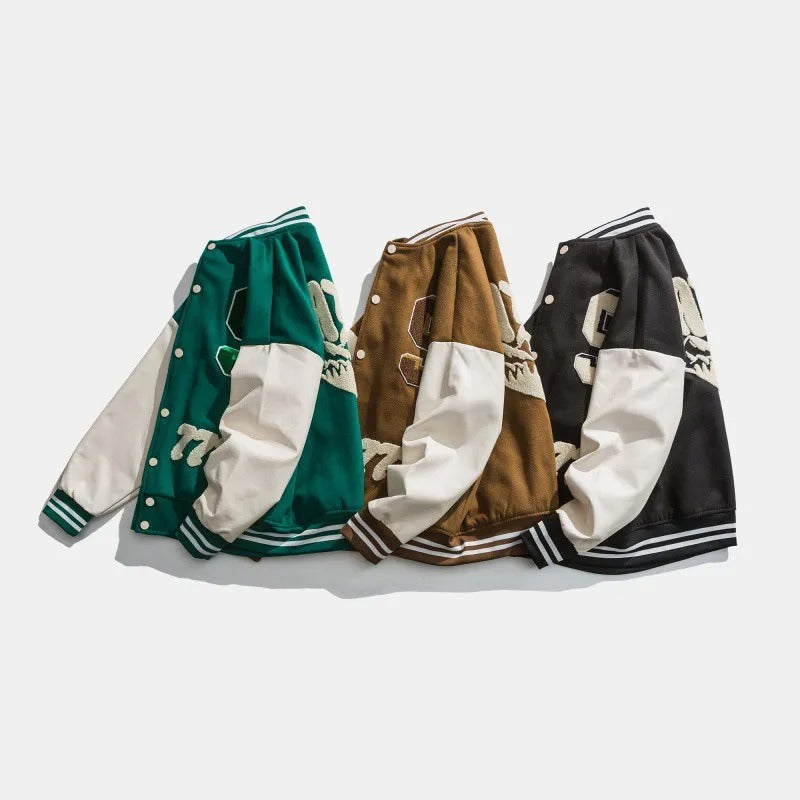 Men's varsity style varsity jacket with embroidered patches - Leo