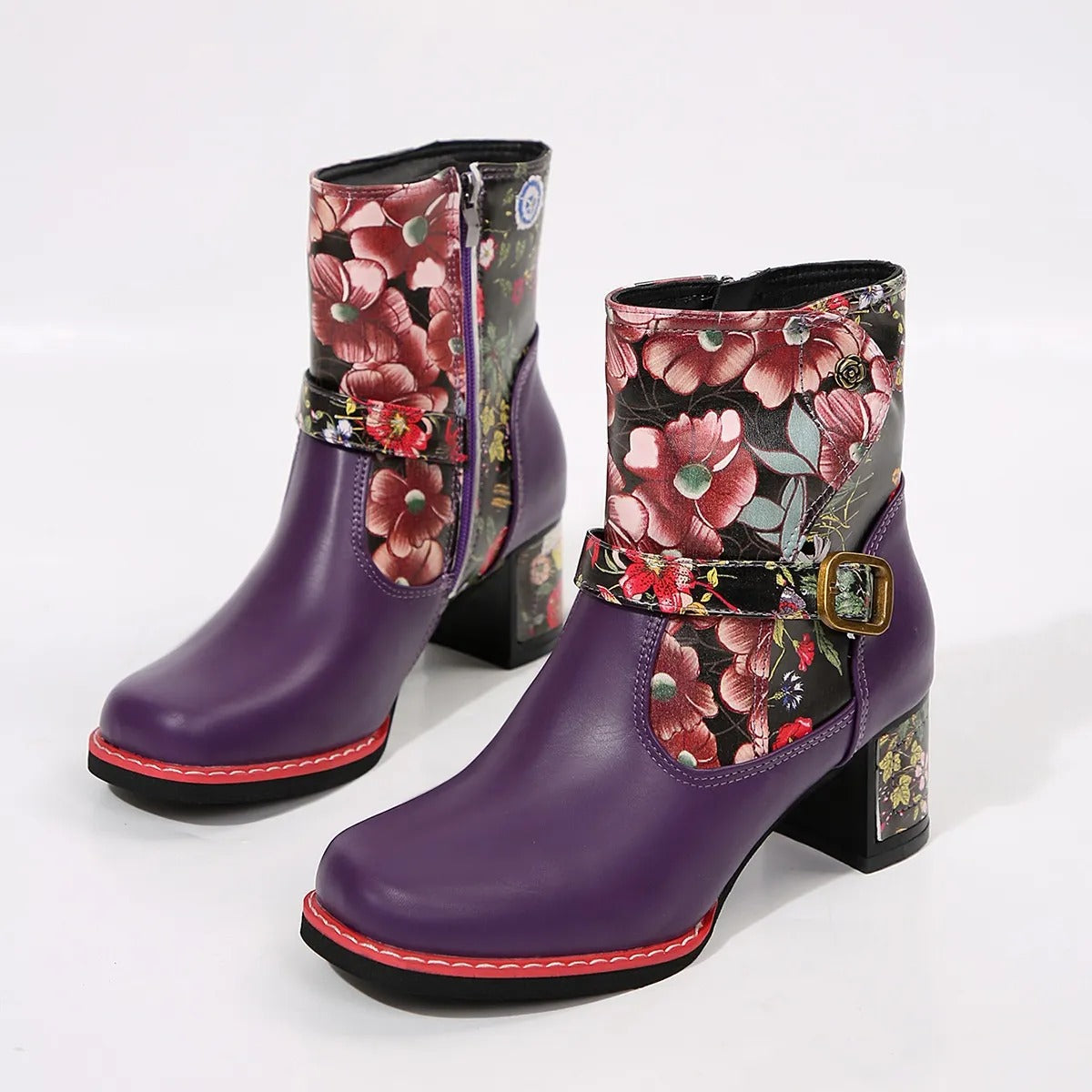 Women's medium heel ankle boots with floral design - Olivia