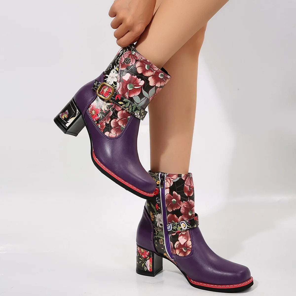 Women's medium heel ankle boots with floral design - Olivia
