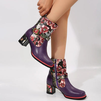 Women's medium heel ankle boots with floral design - Olivia