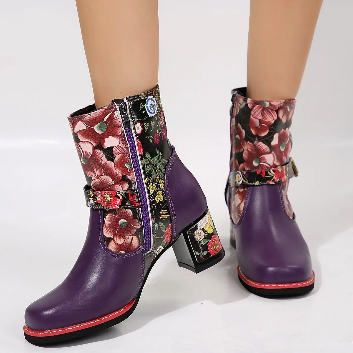 Women's medium heel ankle boots with floral design - Olivia