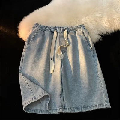 Denim shorts with elastic waistband and adjustable drawstring - Silas