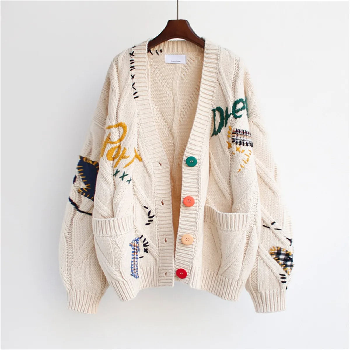 Oversized style embroidered chunky knit cardigan - Roxane