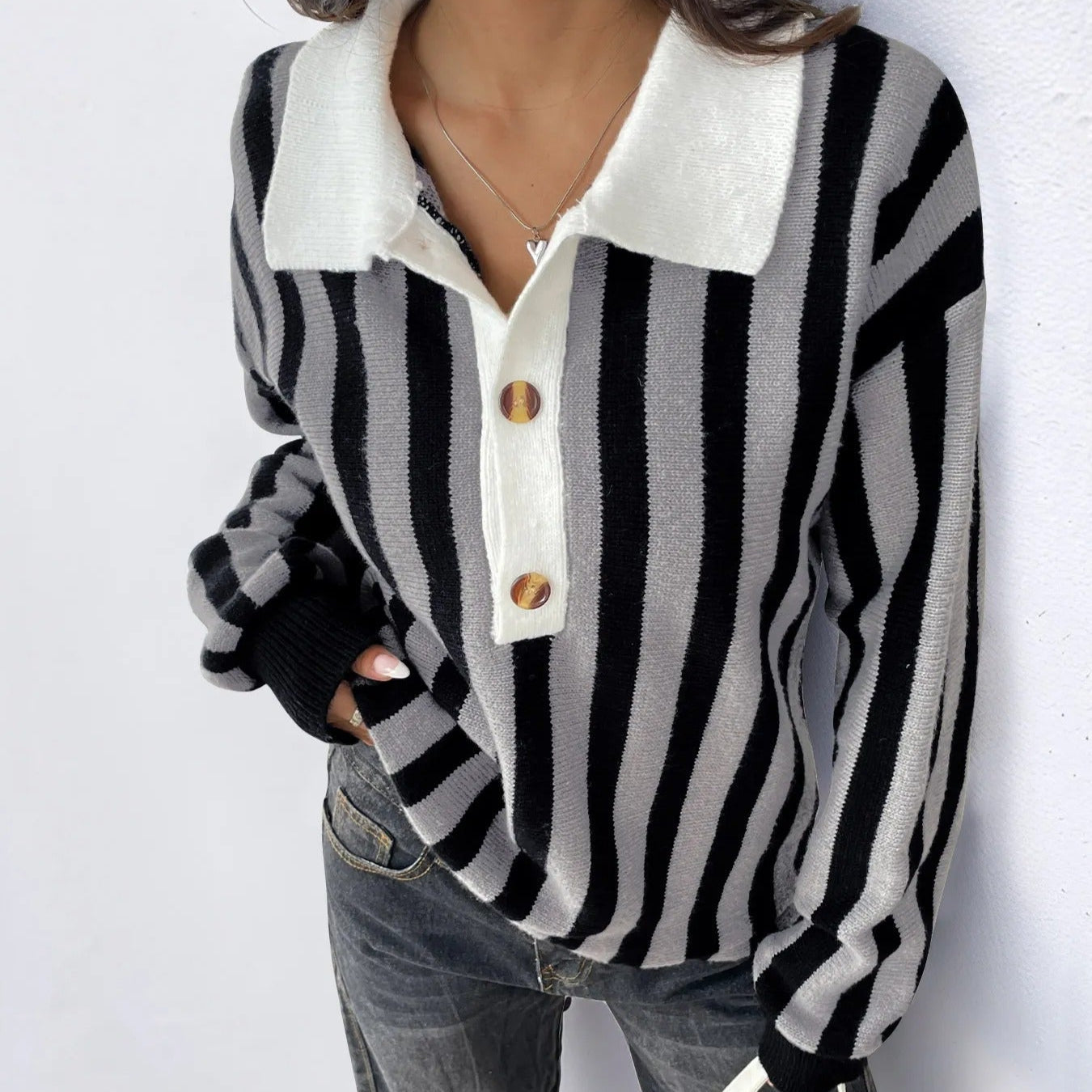 Women's vertical striped sweater polo neck - Mirea