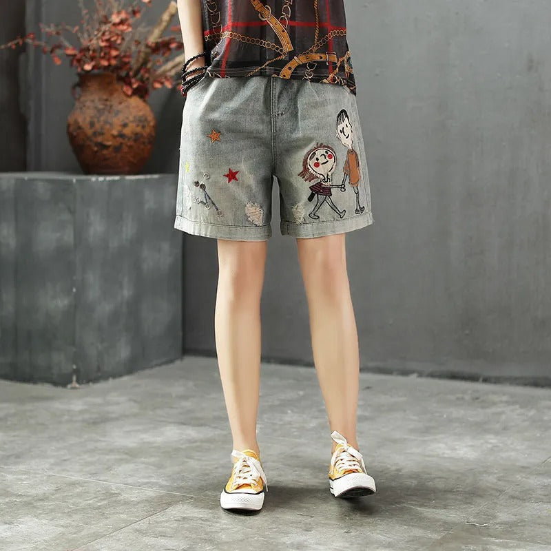 Denim shorts with illustrated embroidery and elastic waistband - Elaine