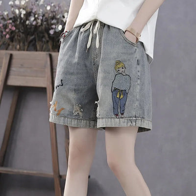 Denim shorts with illustrated embroidery and elastic waistband - Elaine