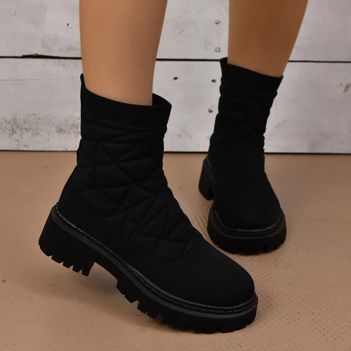 Women's quilted fabric boots with urban style track sole - Kaela