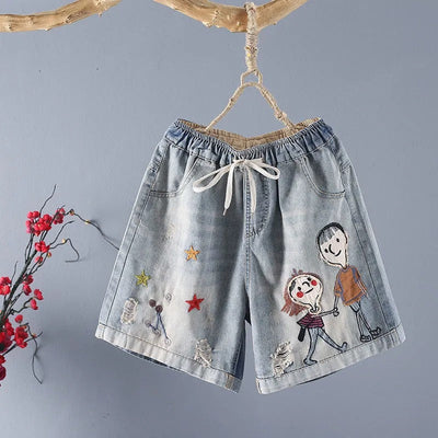 Denim shorts with illustrated embroidery and elastic waistband - Elaine
