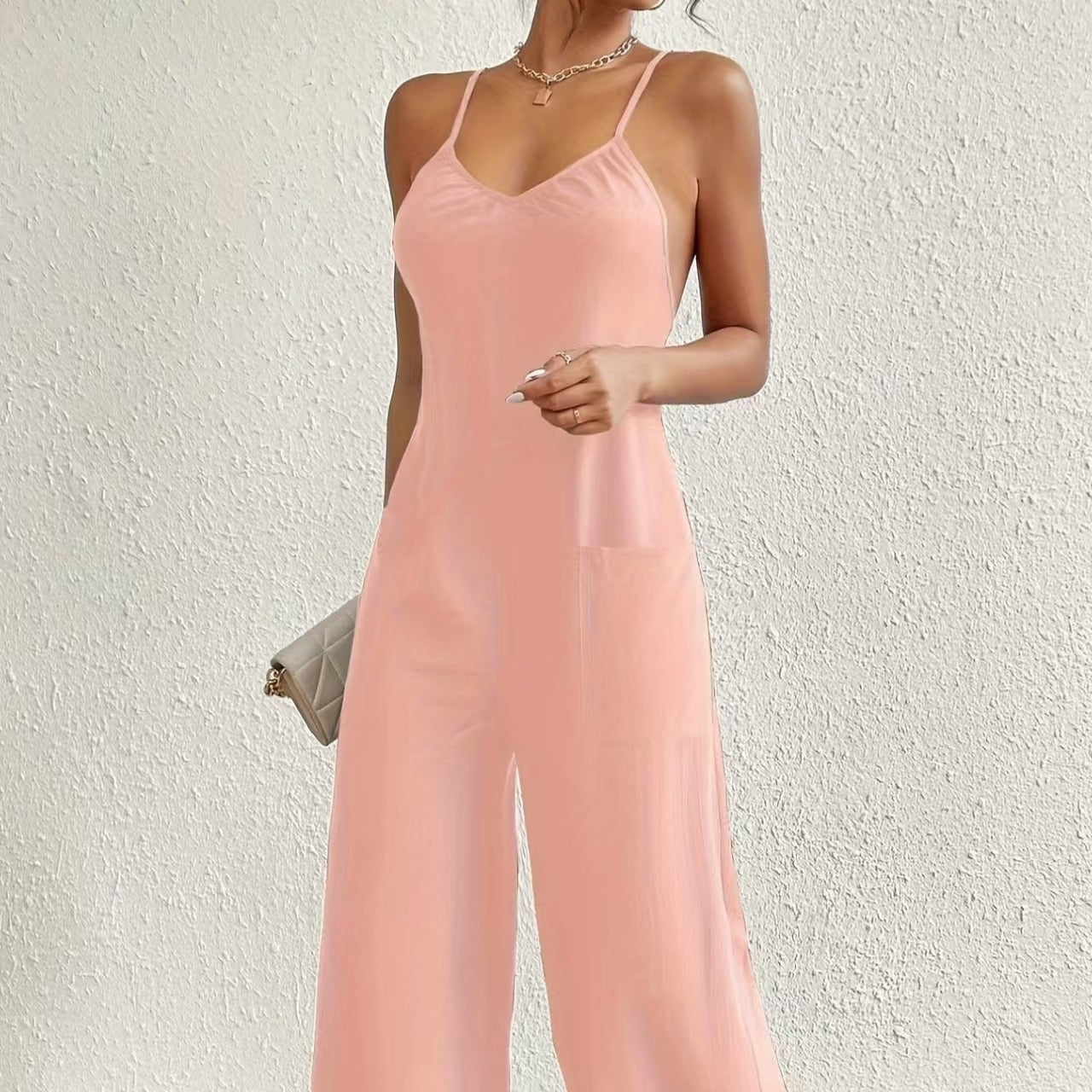 Women's long jumpsuit with thin straps, fluid style, draped neckline - Clare