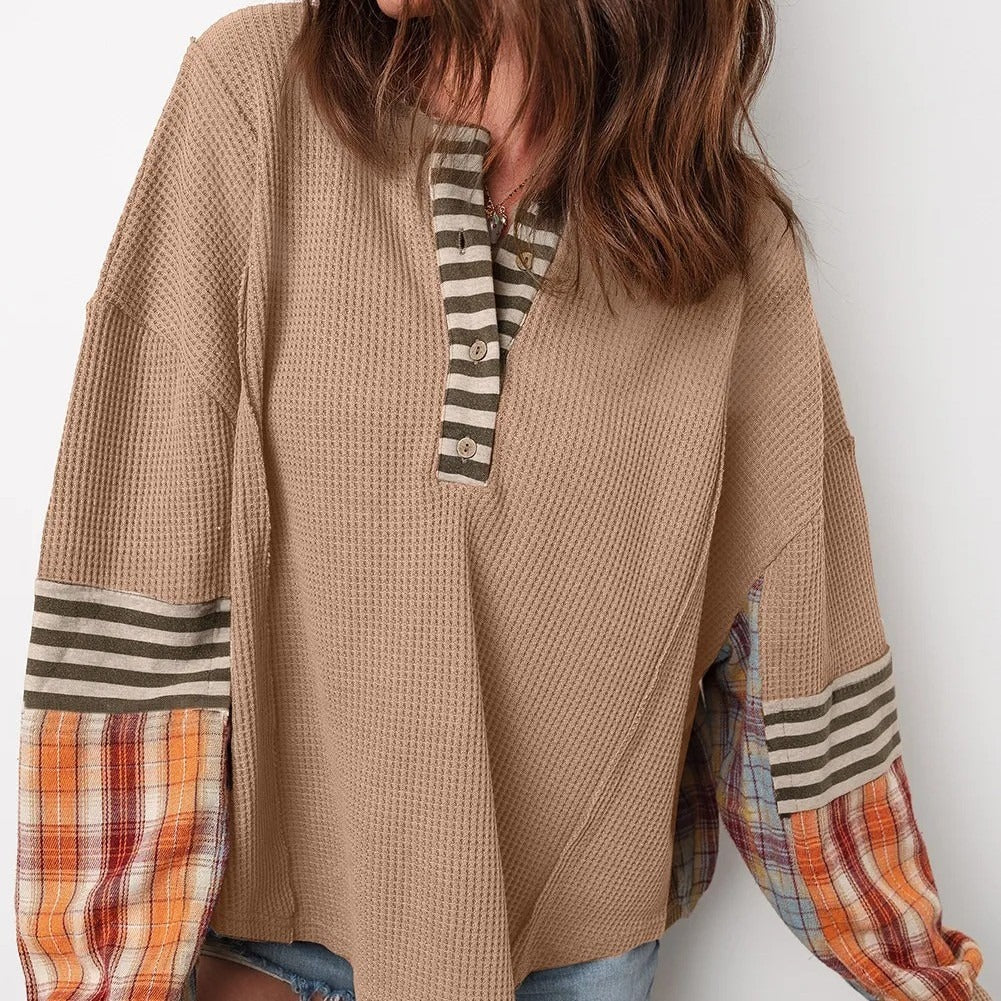 Women's patchwork style sweatshirt with striped and checked sleeves - Leona
