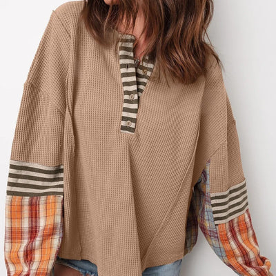 Women's patchwork style sweatshirt with striped and checked sleeves - Leona