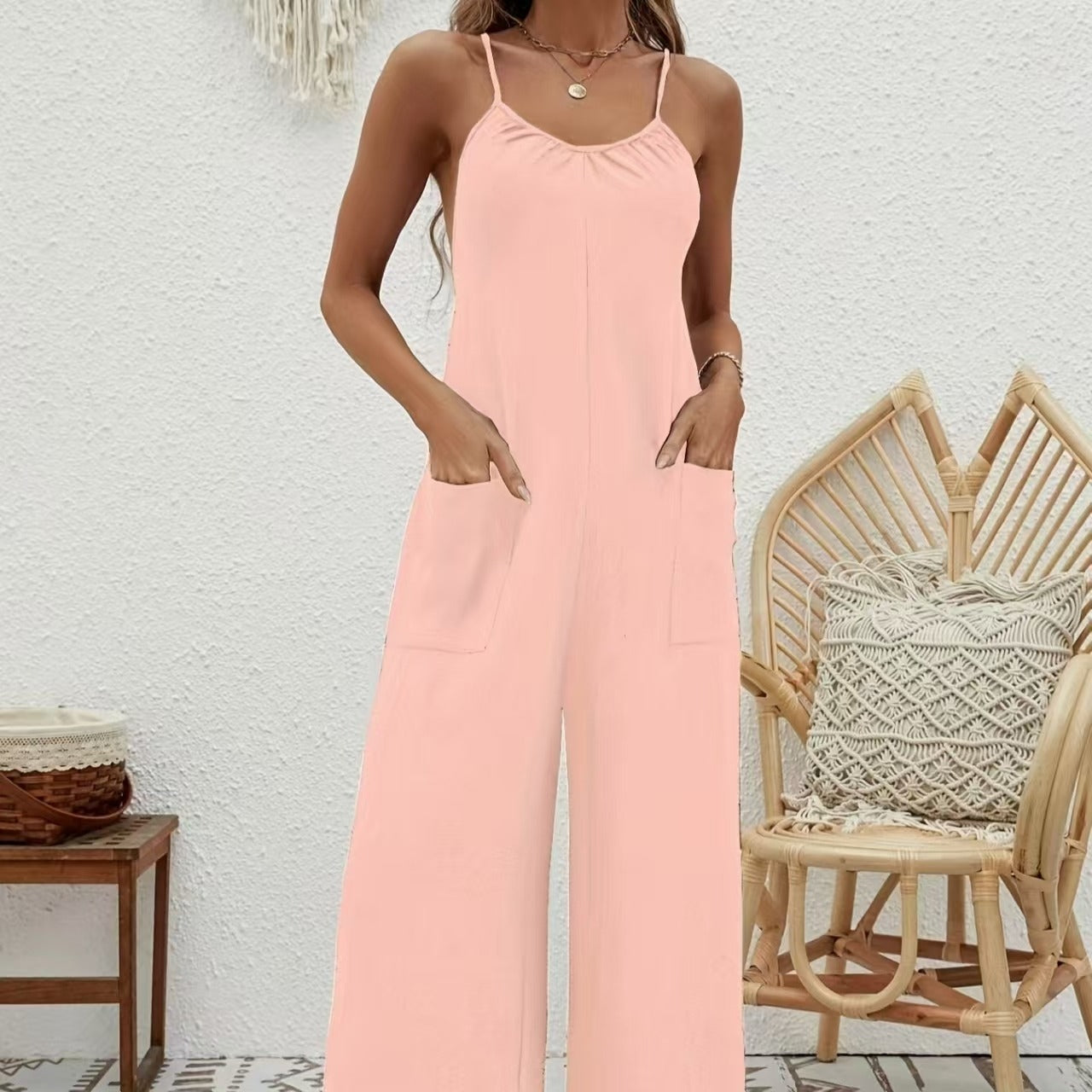 Women's long jumpsuit with thin straps, fluid style, draped neckline - Clare