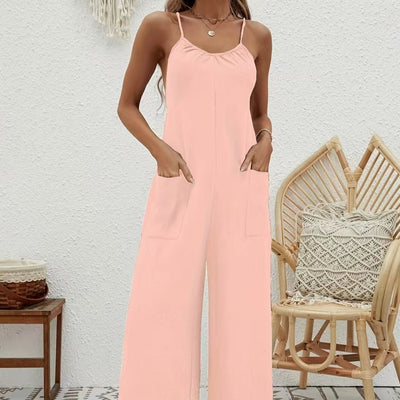 Women's long jumpsuit with thin straps, fluid style, draped neckline - Clare