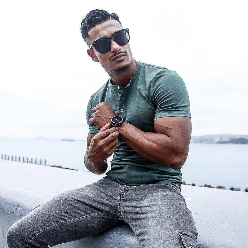 Men's short sleeve button-down T-shirt with round neck - Luis