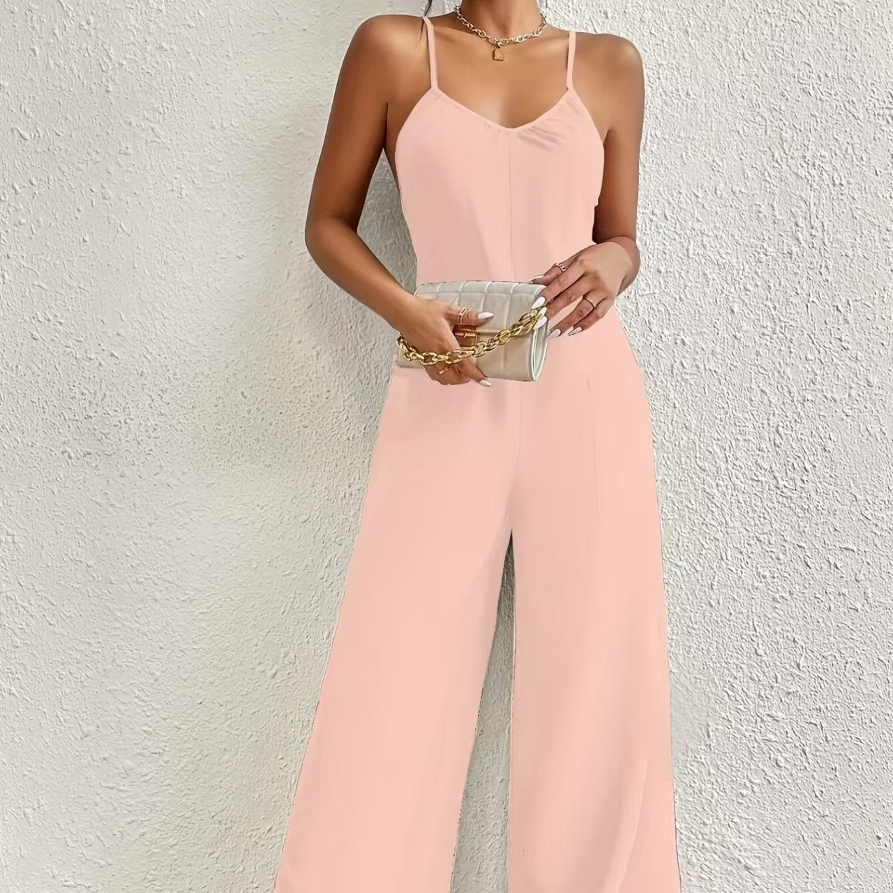Women's long jumpsuit with thin straps, fluid style, draped neckline - Clare