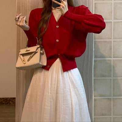 Women's retro style V-neck puffed sleeve cardigan - Odile