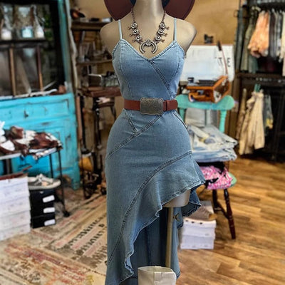 Asymmetric denim dress with thin straps and side ruffle - Elira