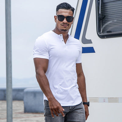 Men's short sleeve button-down T-shirt with round neck - Luis